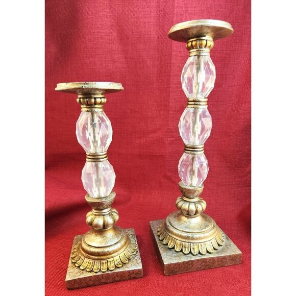 Set Of 2  Gold & Acrylic Crystal Candle Holders With Ornate Resin Bases 12 & 15 - Picture 11 of 14